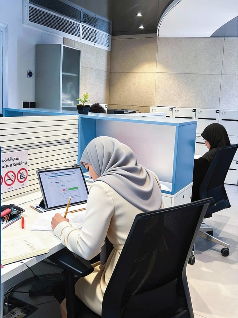 Person working at a blue-partitioned workstation with laptop and notebook