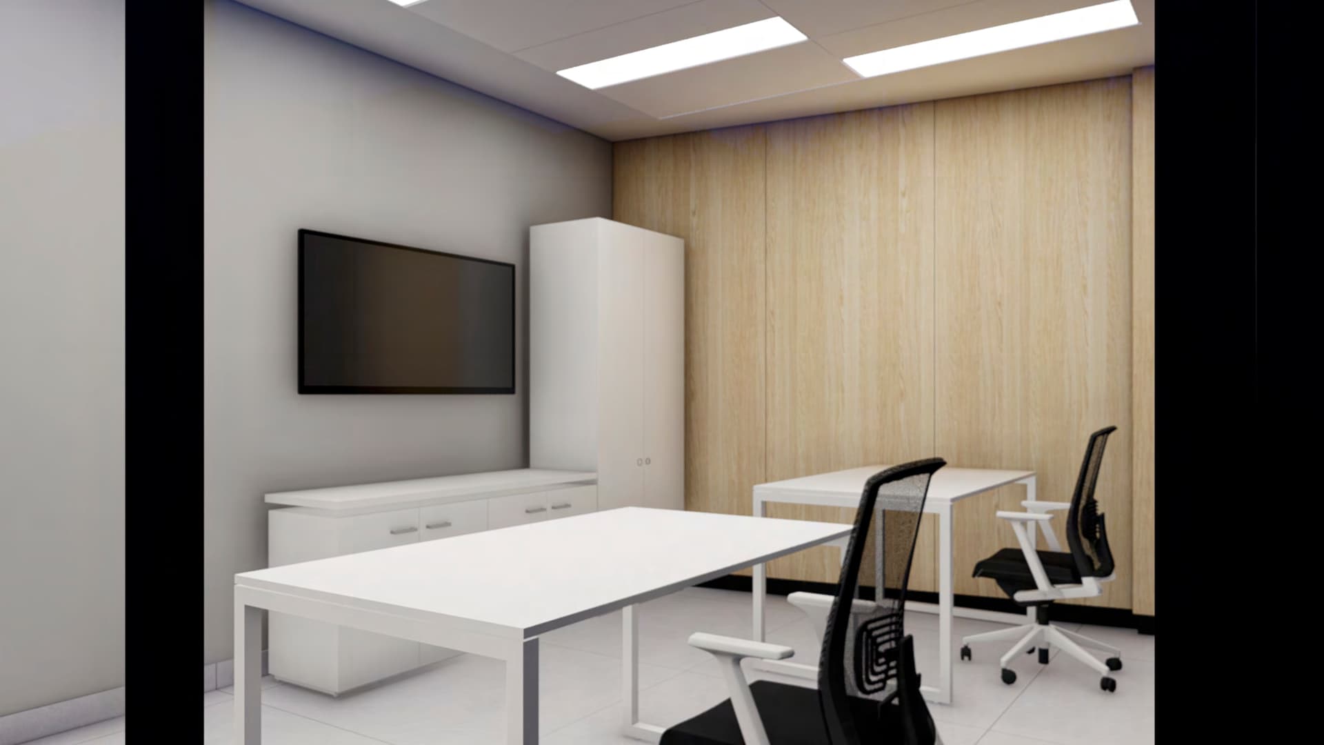 Small private office with desk and TV