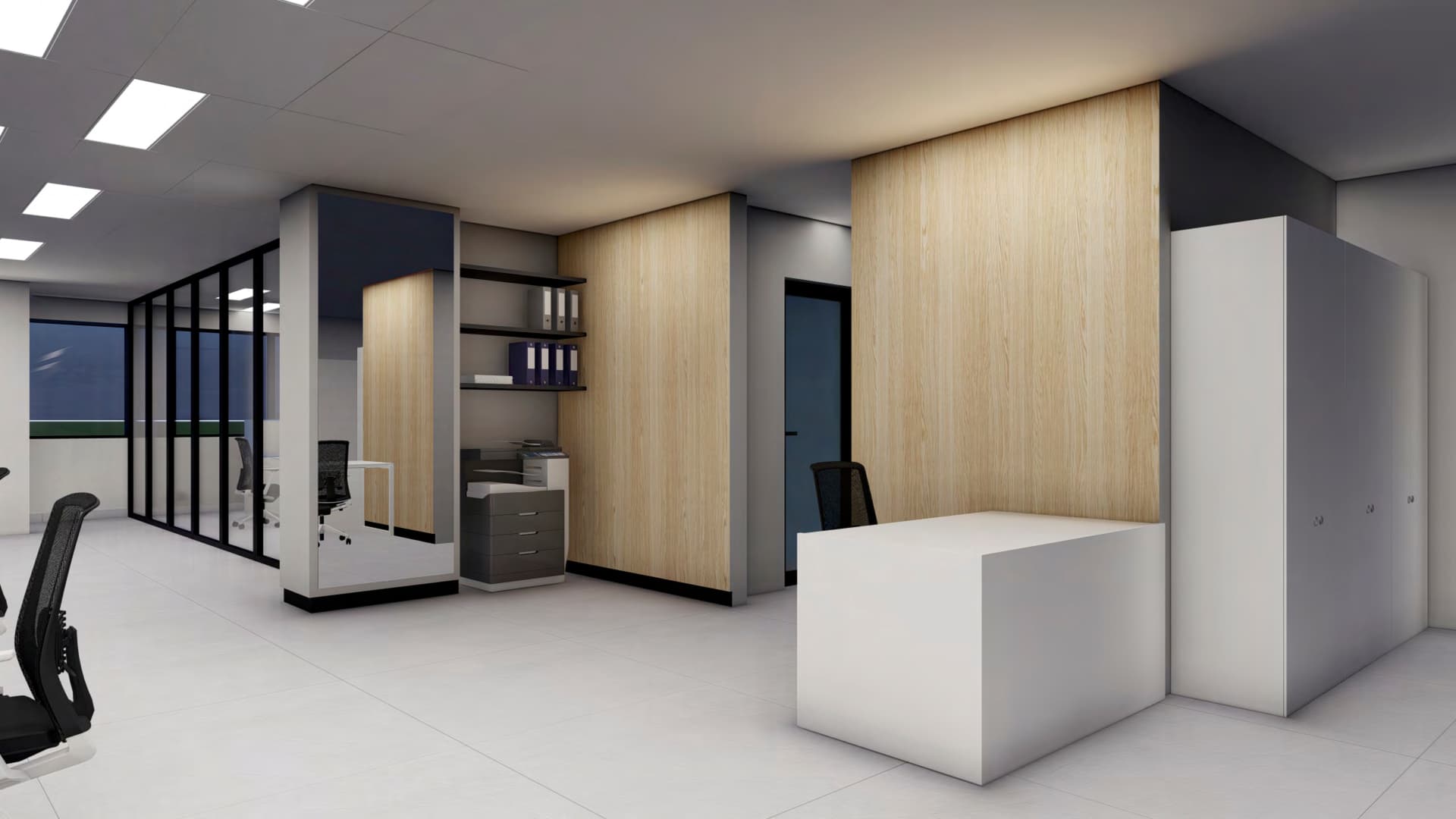 Reception area with wood paneling and printer station