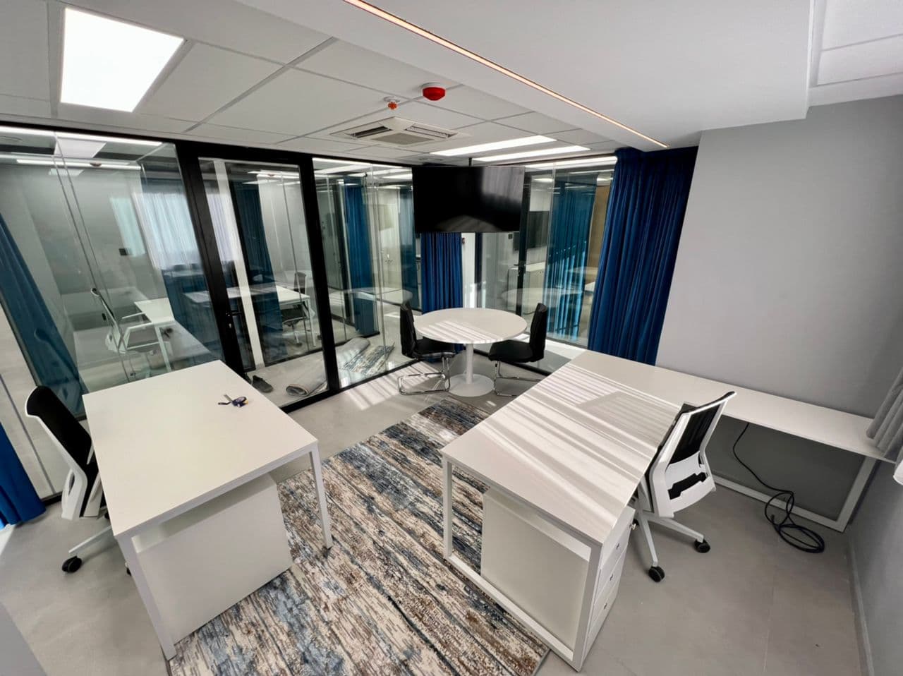 Private office with two desks, meeting table, and decorative rug