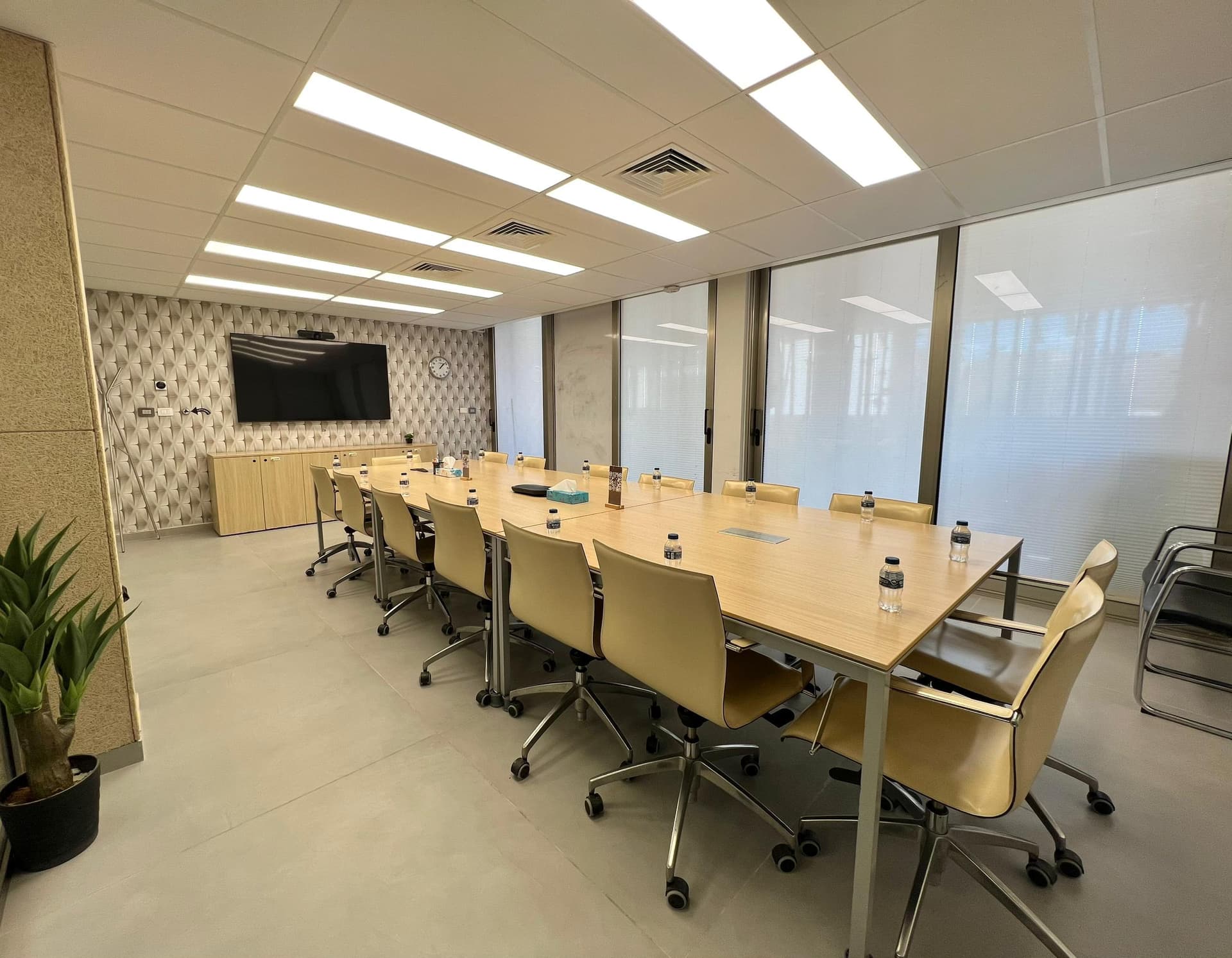 Large conference room with geometric wallpaper and natural light